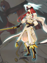 Rule 34 | 1girl, arc system works, blazblue, blazblue: continuum shift, cape, female focus, full body, hat, head wings, highres, long hair, red hair, solo, sword, tsubaki yayoi, weapon, winged hat, wings, zoom layer