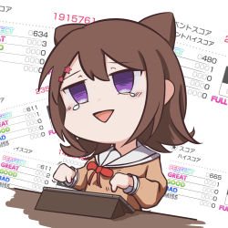 Rule 34 | 1girl, annotated, bang dream!, brown dress, brown hair, cellphone, commentary request, cone hair bun, crying, crying with eyes open, dress, empty eyes, hair between eyes, hair bun, hair ornament, hanasakigawa school uniform, highres, long sleeves, meta, motion lines, neck ribbon, open mouth, phone, playing games, purple eyes, puton (jko1598), red ribbon, ribbon, sailor collar, sailor dress, school uniform, short hair, sidelocks, sitting, smartphone, solo, star (symbol), star hair ornament, table, tears, toyama kasumi, triangle mouth, upper body, white sailor collar