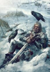 Rule 34 | armor, bird, bird wings, crow, death, frost, frostbite, frozen, gwent (game), highres, holding, holding sword, holding weapon, lying, non-web source, on back, on ground, snow, sword, the witcher (series), weapon, wings