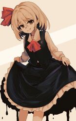 Rule 34 | 1girl, :q, ascot, black skirt, black vest, blonde hair, breasts, collared shirt, curtsey, darkness, feet out of frame, frilled skirt, frills, hair ribbon, irumina777, long sleeves, orange background, red ascot, red eyes, ribbon, rumia, shirt, short hair, simple background, skirt, skirt hold, small breasts, solo, tongue, tongue out, touhou, vest, white shirt