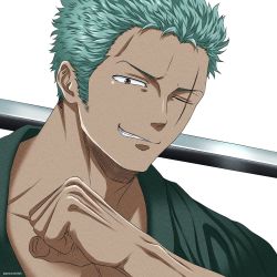 Rule 34 | 1boy, close-up, dark-skinned male, dark skin, green hair, green kimono, highres, japanese clothes, kimono, looking at viewer, male focus, one piece, open clothes, open kimono, pectoral cleavage, pectorals, pinattsu, roronoa zoro, scar, scar across eye, scar on face, short hair, smile, solo, toned, toned male