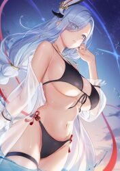 Rule 34 | 1girl, absurdres, alternate costume, bikini, black bikini, blue eyes, braid, breasts, chinese knot, cowboy shot, dutch angle, from below, front-tie bikini top, front-tie top, genshin impact, grey hair, grey nails, hair ornament, hair over one eye, hand up, highres, jewelry, large breasts, light blush, light smile, long hair, looking at viewer, low-braided long hair, low-tied long hair, nail polish, naruse u, navel, necklace, off shoulder, outdoors, parted lips, partially submerged, see-through, see-through shirt, shenhe (genshin impact), shirt, shooting star, side-tie bikini bottom, solo, star (sky), stomach, sunset, sweat, swimsuit, tassel, thigh strap, underboob, very long hair, wading, wet, white hair