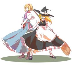Rule 34 | 2girls, :p, alice margatroid, apron, bad id, bad pixiv id, blonde hair, blue eyes, book, boots, bow, braid, broom, buttons, dress, female focus, frills, hair bow, hair ornament, hairband, hat, high heels, kirisame marisa, kirorio (maio), long hair, mary janes, multiple girls, one eye closed, ribbon, shoes, short hair, socks, standing, tongue, tongue out, touhou, wink, witch, witch hat, yellow eyes