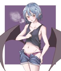 Rule 34 | 1girl, alternate costume, bat wings, black shirt, black tank top, clothes pull, commentary request, contemporary, grey hair, groin, highres, kanaria (bocmn), navel, open mouth, panties, pointy ears, pulled by self, purple panties, red eyes, remilia scarlet, shirt, shirt pull, short hair, shorts, shorts pull, simple background, solo, sweat, tank top, touhou, underwear, wings