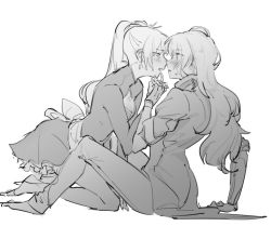 Rule 34 | 2girls, blush, commentary, fingers together, greyscale, imminent kiss, monochrome, monochrome, multiple girls, prosthesis, prosthetic arm, rwby, suiso rwby, weiss schnee, yang xiao long, yuri