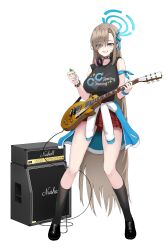Rule 34 | 1girl, absurdres, amplifier, asuna (blue archive), black choker, black footwear, black shirt, black socks, blue archive, blue eyes, blue halo, blue ribbon, blush, breasts, choker, clothes around waist, collarbone, commentary request, electric guitar, grin, guitar, hair over one eye, hair ribbon, halo, highres, holding, holding instrument, instrument, jacket, jacket around waist, korean commentary, large breasts, light brown hair, long hair, pleated skirt, red skirt, ribbon, shirt, shoes, simple background, skirt, sleeveless, sleeveless shirt, smile, socks, solo, suang, white background