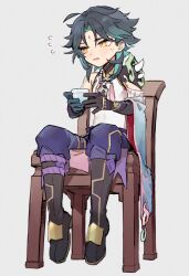 Rule 34 | 1boy, arm tattoo, bead necklace, beads, black footwear, black hair, blush, boots, chair, cup, facial mark, flying sweatdrops, forehead mark, full body, genshin impact, gloves, green hair, grey background, highres, holding, holding cup, jewelry, male focus, multicolored hair, necklace, parted lips, simple background, sitting, solo, soto, sweat, tassel, tattoo, xiao (genshin impact), yellow eyes