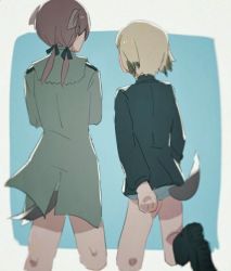 Rule 34 | 2girls, animal ears, arm behind back, blonde hair, blue background, boots, border, brown hair, cropped legs, crossed arms, dog ears, dog tail, erica hartmann, from behind, gertrud barkhorn, multiple girls, outside border, shiraba (sonomama futene), sketch, standing, strike witches, tail, uniform, white border, world witches series