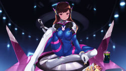 Rule 34 | 1girl, armor, blue bodysuit, bodysuit, breasts, brown eyes, brown hair, cait aron, can, ceiling light, closed mouth, d.va (overwatch), drink, facial mark, gloves, headset, highres, holding, knee up, long hair, looking at viewer, medium breasts, meka (overwatch), nano cola, overwatch, rabbit symbol, sitting, snack, solo, tight clothes, white gloves