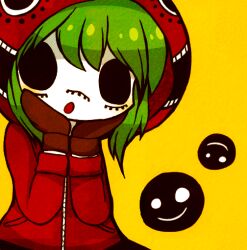 1girl :o black_eyes brown_mittens chibi chibi_only green_hair gumi hands_on_own_cheeks hands_on_own_face hood hood_up jacket looking_at_viewer matryoshka_(vocaloid) medium_hair memorisleep mittens red_jacket simple_background smiley_face solo underwear vocaloid yellow_background