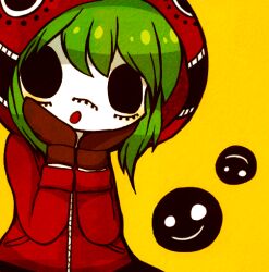 Rule 34 | 1girl, :o, black eyes, brown mittens, chibi, chibi only, green hair, gumi, hands on own cheeks, hands on own face, hood, hood up, jacket, looking at viewer, matryoshka (vocaloid), medium hair, memorisleep, mittens, red jacket, simple background, smiley face, solo, underwear, vocaloid, yellow background