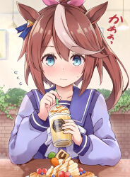 Rule 34 | 1girl, animal ears, aqua eyes, blush, brown hair, commentary request, cup, disposable cup, drinking straw, ear ornament, flying sweatdrops, food, high ponytail, highres, horse ears, horse girl, ice cream, ice cream float, long hair, long sleeves, looking at viewer, multicolored hair, pancake, restaurant, rioshi, school uniform, solo, streaked hair, tokai teio (umamusume), tracen school uniform, umamusume, upper body, white hair