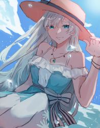Rule 34 | 1girl, anastasia (fate), anastasia (swimsuit archer) (fate), anastasia (swimsuit archer) (first ascension) (fate), bare shoulders, blue dress, blue eyes, blue sky, blush, bracelet, breasts, collarbone, dress, earrings, fate/grand order, fate (series), grin, hair over one eye, hairband, hat, highres, jewelry, kanikama jan, large breasts, long hair, looking at viewer, necklace, pendant, see-through, see-through skirt, silver hair, skirt, sky, smile, solo, straw hat, very long hair
