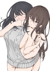 Rule 34 | 2girls, aran sweater, backless dress, backless outfit, black hair, blush, bokokichi (you), grabbing another&#039;s breast, breasts, brown eyes, brown hair, cable knit, closed eyes, closed mouth, covered mouth, cowboy shot, dress, fingering, grabbing, grabbing from behind, groping, halterneck, large breasts, long hair, meme attire, multiple girls, naked sweater, original, reach-around, ribbed sweater, shared clothes, shared sweater, sideboob, simple background, smile, sweater, sweater dress, tsurime, turtleneck, turtleneck sweater, virgin killer sweater, white background, yuri