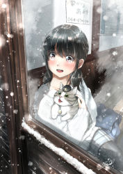 Rule 34 | 1girl, animal, black hair, black pantyhose, blush, bulletin board, cat, commentary request, highres, holding, holding animal, holding cat, indoors, looking outside, low twintails, open mouth, original, pantyhose, pink eyes, sign, signature, sitting, skirt, snow, snowing, solo, soragane (banisinngurei), striped clothes, striped skirt, sweater, teeth, train station, twintails, upper teeth only, white sweater, winter, wooden floor