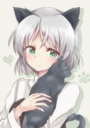 Rule 34 | 1girl, animal, animal ears, animal hug, black cat, blush, cat, cat ears, green eyes, heart, holding animal, looking at viewer, nyaku, paw print, sanya v. litvyak, short hair, silver hair, simple background, solo, strike witches, white background, world witches series