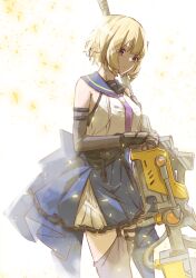 Rule 34 | 1girl, assault lily, bare shoulders, black shirt, blonde hair, blue sailor collar, blue skirt, breasts, closed mouth, commentary request, cowboy shot, crop top, detached sleeves, frilled skirt, frills, garter straps, gauntlets, grey thighhighs, hand up, highres, holding, holding weapon, houji tea latte, imamura yukari (assault lily), large breasts, light particles, long sleeves, looking at viewer, miniskirt, neckerchief, odaiba girls high school uniform, pleated skirt, purple eyes, purple neckerchief, sailor collar, school uniform, serafuku, shade, shirt, short hair, simple background, skirt, sleeveless, sleeveless shirt, solo, standing, thigh strap, thighhighs, undershirt, waist cape, weapon, white background, white shirt, zettai ryouiki