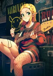Rule 34 | 1girl, absurdres, amplifier, babusgames, barefoot, braid, electric guitar, feet, fishnet thighhighs, fishnets, french braid, green eyes, guitar, highres, holding, holding instrument, holding plectrum, instrument, music, nintendo, nirvana (band), playing instrument, plectrum, pointy ears, princess zelda, sidelocks, single thighhigh, sitting, solo, striped clothes, striped sweater, sweater, the legend of zelda, the legend of zelda: breath of the wild, thick thighs, thighhighs, thighs