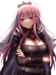 Rule 34 | 1girl, absurdres, belt, black nails, breasts, cape, cleavage, crossed arms, highres, hololive, hololive english, large breasts, long hair, mori calliope, nail polish, parted lips, pink hair, red eyes, shoulder spikes, solo, spikes, tiara, veil, virtual youtuber, waramori fuzuka, white background
