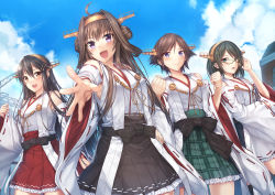 Rule 34 | 10s, 4girls, :d, adjusting eyewear, ahoge, black hair, blue eyes, brown hair, clenched hands, frilled skirt, frills, glasses, hairband, hand on own hip, haruna (kancolle), headgear, hiei (kancolle), highres, kantai collection, kirishima (kancolle), kongou (kancolle), long hair, luzi, multiple girls, nontraditional miko, open mouth, outstretched arm, outstretched hand, plaid, plaid skirt, ribbon-trimmed sleeves, ribbon trim, short hair, skirt, smile