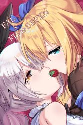 Rule 34 | 2girls, blonde hair, blue eyes, bow, brown eyes, character name, fal (girls&#039; frontline), five-seven (girls&#039; frontline), food, fruit, girls&#039; frontline, hair bow, highres, kiss, multiple girls, rayno, strawberry, strawberry kiss, white hair, yuri