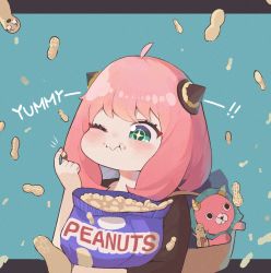 Rule 34 | 1girl, anya (spy x family), artist request, blue background, blush, food, green eyes, medium hair, one eye closed, open mouth, peanut, pink hair, solo, spy x family, star-shaped pupils, star (symbol), stuffed animal, stuffed toy, symbol-shaped pupils