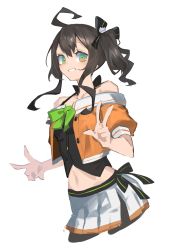Rule 34 | 1girl, absurdres, ahoge, balance (superdust), bare shoulders, black camisole, black pantyhose, bow, breasts, brown hair, camisole, cat hair ornament, commentary, cowboy shot, crop top, cropped jacket, double v, floating hair, green bow, green eyes, grin, hair between eyes, hair ornament, hair ribbon, halterneck, highres, hololive, jacket, looking at viewer, medium hair, midriff, miniskirt, multicolored eyes, natsuiro matsuri, natsuiro matsuri (1st costume), navel, off-shoulder jacket, off shoulder, orange jacket, pantyhose, pleated skirt, ribbon, side ponytail, simple background, skirt, small breasts, smile, solo, v, virtual youtuber, white background, white skirt, yellow eyes