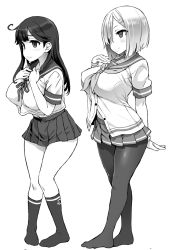 Rule 34 | 10s, 2girls, 3:, ahoge, asanagi, bad anatomy, breasts, covered erect nipples, crop top, crop top overhang, full body, gloves, greyscale, hair ornament, hamakaze (kancolle), highres, kantai collection, knees together feet apart, large breasts, long hair, monochrome, multiple girls, no shoes, pantyhose, pleated skirt, school uniform, serafuku, short hair, short sleeves, simple background, skirt, smile, socks, ushio (kancolle), white background