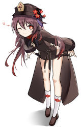Rule 34 | 1girl, ;), bent over, black headwear, black shorts, brown hair, chinese clothes, clothes pull, flower, full body, genshin impact, hat, heart, highres, hu tao (genshin impact), long hair, long sleeves, looking at viewer, multicolored hair, no panties, one eye closed, red eyes, red hair, sakutaishi, shorts, shorts pull, simple background, smile, socks, symbol-shaped pupils, teasing, two-tone hair, undressing, white background