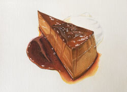 Rule 34 | caramel, colored pencil (medium), commentary request, food, food focus, highres, manmosu-0607, no humans, original, pudding, simple background, still life, syrup, traditional media, white background