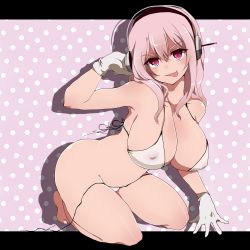 Rule 34 | 1girl, :p, bikini, breasts, covered erect nipples, gloves, headphones, highres, kneeling, large breasts, long hair, mataro (matarou), naughty face, nitroplus, pink eyes, pink hair, solo, super sonico, swimsuit, tongue, tongue out, wardrobe malfunction, white gloves