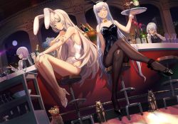 Rule 34 | 4girls, ak-12 (girls&#039; frontline), ak-15 (girls&#039; frontline), alternate costume, an-94 (girls&#039; frontline), animal ears, aqua bow, aqua bowtie, aqua eyes, arm behind back, bar (place), bar stool, bare legs, bare shoulders, bartender, black footwear, black hairband, black leotard, black necktie, black pantyhose, black vest, blonde hair, bottle, bow, bowtie, breasts, cat, cleavage, closed mouth, cocktail glass, collarbone, collared shirt, commentary, commission, counter, crossed legs, cup, defy (girls&#039; frontline), detached collar, drinking glass, english commentary, fake animal ears, full body, full moon, girls&#039; frontline, glass, grey hair, hairband, hand on arm, hand on own knee, high heels, highleg, highleg leotard, highres, holding, holding tray, ice bucket, jewelry, legs, leotard, light purple hair, long hair, long sleeves, looking at viewer, looking away, medium breasts, medium hair, moon, multiple girls, necktie, niac, night, night sky, one eye closed, open mouth, pantyhose, parted lips, playboy bunny, purple eyes, rabbit ears, ring, rpk-16 (girls&#039; frontline), shirt, short hair, sitting, sky, small breasts, smile, standing, stool, strapless, strapless leotard, teeth, thighs, traditional bowtie, tray, very long hair, vest, white footwear, white hair, white hairband, white leotard, white shirt, white wrist cuffs, wine glass, wrist cuffs, yellow bow, yellow bowtie