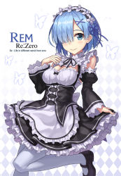 Rule 34 | 10s, 1girl, apron, argyle, argyle background, argyle clothes, black bow, black footwear, blue ribbon, blush, bow, breasts, bug, butterfly, character name, cleavage, closed mouth, copyright name, detached collar, detached sleeves, eyes visible through hair, frilled apron, frills, gradient background, hair ornament, hair over one eye, hair ribbon, hand up, highres, holding, holding clothes, holding skirt, insect, looking at viewer, maid, maid headdress, mary janes, medium breasts, npcpepper, pantyhose, re:zero kara hajimeru isekai seikatsu, rem (re:zero), ribbon, shoes, short hair, skirt, smile, solo, waist apron, white background, white pantyhose, x hair ornament