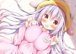 Rule 34 | 1girl, animal, animal ears, bed sheet, blush, breasts, collared dress, commentary request, dress, ears through headwear, hair between eyes, hands up, hat, kindergarten uniform, large breasts, long hair, long sleeves, lying, nail polish, name tag, on back, oppai loli, original, pacifier, pillow, pink dress, pink nails, rabbit, rabbit ears, red eyes, school hat, silver hair, solo, suzukawa yui, translation request, very long hair, yellow hat