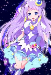 Rule 34 | 1girl, :d, blue eyes, boots, crescent, crescent earrings, cure selene, detached collar, dress, earrings, hair ornament, hair tubes, highres, jewelry, kaguya madoka, knee boots, long hair, looking at viewer, magical girl, open mouth, precure, purple dress, purple hair, ryuuta (cure ryuuta), see-through, smile, solo, sparkle, star (symbol), star twinkle precure, white footwear, wrist cuffs