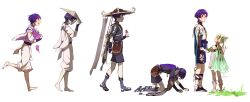 Rule 34 | 1girl, 5boys, absurdres, arm armor, artist name, baggy pants, bare shoulders, barefoot, belt, black footwear, black shirt, black shorts, blue vest, blunt ends, blush, boots, bow, brown belt, brown headwear, cape, closed mouth, detached sleeves, dress, food, fruit, genshin impact, gold, green cape, green eyes, green hair, grey dress, grey hair, hair between eyes, hair ornament, hand on headwear, hand up, hands up, hat, heart, heart hair ornament, highres, holding, holding food, holding fruit, jewelry, jingasa, koffiiibeanz, leaf, leaf hair ornament, leg up, long hair, long sleeves, looking at another, looking down, looking to the side, looking up, mandarin collar, mitsudomoe (shape), multicolored hair, multiple boys, multiple persona, nahida (genshin impact), necklace, no eyes, no headwear, official alternate costume, open clothes, open mouth, open vest, pants, pear, pointy ears, ponytail, purple belt, purple bow, purple eyes, purple hair, purple shirt, purple socks, red headwear, running, sandals, scaramouche (genshin impact), scaramouche (kabukimono) (genshin impact), scaramouche (shouki no kami) (genshin impact), shaded face, shirt, short hair, short sleeves, shorts, side ponytail, simple background, sitting, smile, socks, standing, teeth, tomoe (symbol), two-tone hair, two-tone vest, v-shaped eyebrows, vest, vision (genshin impact), walking, wanderer (genshin impact), white background, white footwear, white pants, white socks, white vest, wide sleeves