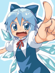 Rule 34 | 1girl, :d, blue eyes, blue hair, blush, bow, chacha (tyatya), cirno, colored eyelashes, fang, foreshortening, hair bow, highres, looking at viewer, matching hair/eyes, open mouth, perspective, pointing, pointing forward, smile, solo, touhou