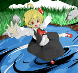 Rule 34 | 1girl, abe takakazu, ahoge, bad id, bad pixiv id, blonde hair, embodiment of scarlet devil, female focus, hair ribbon, kuso miso technique, nanairo neru, nature, outdoors, outstretched arms, red eyes, ribbon, rumia, solo, spread arms, touhou, water, when you see it, yaranaika