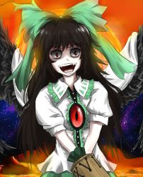 Rule 34 | 1girl, :d, arm cannon, bird wings, black hair, black wings, bow, brooch, cape, crazy eyes, eyeball, fangs, gem, hair bow, jewelry, jpeg artifacts, long hair, looking at viewer, open mouth, pan-ooh, red eyes, reiuji utsuho, shaded face, short sleeves, smile, solo, teeth, third eye, touhou, upper body, weapon, wings