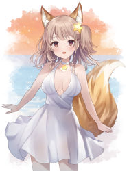 Rule 34 | 1girl, animal ear fluff, animal ears, annytf, blush, breasts, brown eyes, brown hair, choker, commentary, dress, extra ears, fang, fox ears, fox girl, fox tail, hair ornament, highres, ichinose (sorario), indie virtual youtuber, open mouth, see-through silhouette, short hair, side ponytail, sleeveless, sleeveless dress, smile, solo, star (symbol), star hair ornament, symbol-only commentary, tail, thighs, virtual youtuber, white dress