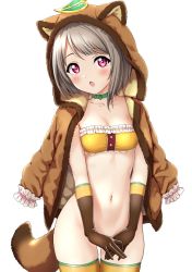 Rule 34 | 1girl, :o, animal ears, blush, bottomless, bra, breasts, brown gloves, brown jacket, choker, cleavage, collarbone, convenient arm, convenient censoring, frill trim, frills, gloves, grey hair, highres, hood, hood up, hoodie, jacket, long sleeves, looking at viewer, love live!, love live! nijigasaki high school idol club, love live! school idol festival, nakasu kasumi, navel, no panties, open mouth, own hands together, raccoon ears, raccoon tail, red eyes, ribbon trim, sankuro (agoitei), short hair, sidelocks, simple background, skindentation, small breasts, solo, standing, strapless, strapless bra, tail, thick thighs, thighhighs, thighs, underwear, white background, yellow thighhighs