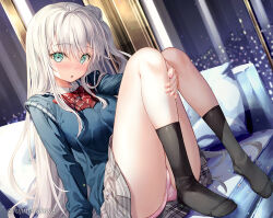 Rule 34 | 1girl, black socks, blue sweater, bow, cityscape, collared shirt, commentary request, copyright request, couch, diagonal-striped bow, fujima takuya, green eyes, grey hair, grey skirt, hair bun, indoors, knees up, long hair, long sleeves, looking at viewer, nail polish, night, no shoes, novel illustration, official art, on couch, one side up, panties, pillow, pink nails, pink panties, plaid, plaid skirt, pleated skirt, red bow, shirt, single side bun, sitting, skirt, socks, solo, sweater, twitter username, underwear, very long hair, white shirt