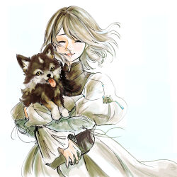Rule 34 | 1girl, absurdres, anditiucs, animal, child, closed eyes, dog, dress, final fantasy, final fantasy xvi, grey hair, grey wolf, highres, holding, holding animal, holding dog, jewelry, jill warrick, pendant, puffy sleeves, puppy, short hair, simple background, smile, square enix, standing, tongue, tongue out, torgal (ff16), upper body, white dress, wolf