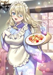 Rule 34 | 1girl, :d, absurdres, apron, blonde hair, blue eyes, blue kimono, blush, breasts, floral print, floral print kimono, frilled apron, frills, gradient kimono, hair between eyes, hair over one eye, hand on own chest, highres, holding, holding tray, indie virtual youtuber, indoors, japanese clothes, kazepana, kimono, large breasts, lens flare, looking at viewer, maid, maid apron, maid headdress, nanamiya nako, official alternate costume, open mouth, print kimono, purple kimono, second-party source, sidelocks, smile, solo, tray, virtual youtuber, wa maid, white apron, wide sleeves
