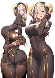 Rule 34 | 1girl, ass, ass grab, breasts, coif, covered navel, gloves, grabbing own ass, hand on own face, hood, horns, kibanda gohan, large breasts, looking at viewer, multiple views, navel, nun, open mouth, orange hair, original, pantyhose, red eyes, smile, tiara, torn clothes, torn legwear