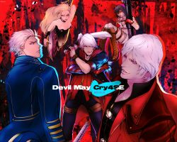 Rule 34 | bad id, bad pixiv id, black hair, blonde hair, blue eyes, breasts, capcom, cleavage, commentary request, dante (devil may cry), devil may cry, devil may cry (series), devil may cry 4, gloves, highres, jacket, lady (devil may cry), mineco000, multiple boys, multiple girls, nero (devil may cry), short hair, sword, trish (devil may cry), vergil (devil may cry), weapon