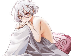 Rule 34 | 1girl, alternate hair length, alternate hairstyle, bed sheet, breasts, commentary request, grey eyes, grey hair, gundam, gundam suisei no majo, hands on own knees, highres, looking at viewer, medium breasts, messy hair, miorine rembran, naked sheet, nieto tokage, nude, pillow, short hair, sideboob, simple background, solo, sweat, white background, yes-no pillow