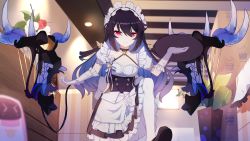 Rule 34 | 1girl, absurdres, alternate costume, black choker, black hair, blue hair, breasts, check commentary, choker, claws, cleavage, commentary request, elysia (honkai impact), elysia (miss pink elf) (honkai impact), enmaided, flower, gloves, highres, honkai (series), honkai impact 3rd, leg up, long hair, looking at viewer, maid, maid headdress, medium breasts, multicolored hair, puffy short sleeves, puffy sleeves, red eyes, seele (alter ego), seele vollerei, seele vollerei (starchasm nyx), short sleeves, thighhighs, tongling, tray, two-tone hair, white gloves, white thighhighs