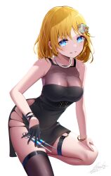 Rule 34 | 1girl, bangle, bare shoulders, black dress, blonde hair, blue eyes, bracelet, breasts, china dress, chinese clothes, cleavage, dress, gloves, grin, hair ornament, half gloves, highres, holding, holding syringe, hololive, hololive english, jewelry, kenko (a143016), large breasts, looking at viewer, medium hair, necklace, o-ring, o-ring thigh strap, pearl necklace, see-through, see-through cleavage, short dress, side slit, simple background, single half glove, single thighhigh, sleeveless, sleeveless dress, smile, solo, syringe, thigh strap, thighhighs, virtual youtuber, watson amelia, white background
