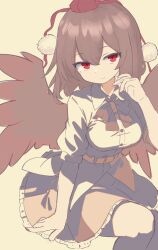 Rule 34 | 1girl, bird wings, breasts, brown hair, feet out of frame, from above, hand up, hat, highres, ks aya (gztm4838), large breasts, looking at viewer, pom pom (clothes), red eyes, shameimaru aya, sitting, skirt, smile, solo, tokin hat, touhou, upturned eyes, wings